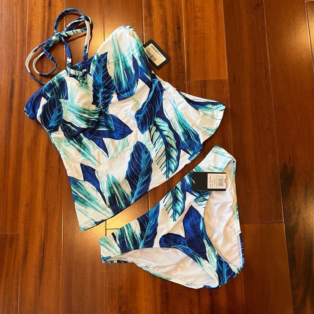 New NWT Rachel Roy Bikini Tankini Set Teal Blue Tropical Leaf Print Swim Sz XS